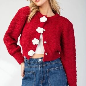 Eesome Boutique Red Knit Cardigan with White Accents, NWT, L, large